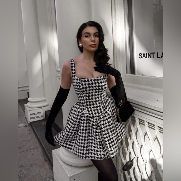 For Love And Lemons Dresses & Skirts - FLL Dress Bonnie Houndstooth Fuzzy Jacquard Bustier Mini Black & White L NWT